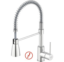 Nízkotlaká dřezová baterie s profesionální sprchou, spirálovou pružinou a pákovým ovládáním, chromovaná. Logo KEO.