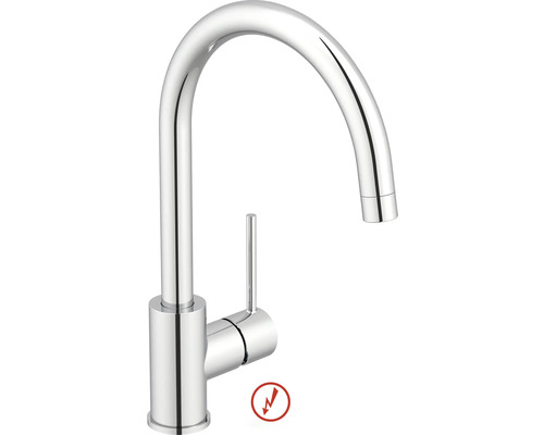 Nízkotlaká dřezová baterie s vysokým otočným výtokem a boční ovládací pákou z chromovaného kovu.