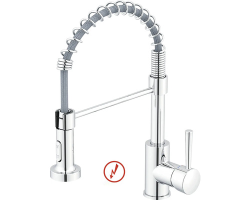 Nízkotlaká baterie se sprchou SERIES TIBER chrom 350744 Kuchyňská baterie v chromu s flexibilním výtokem, spirálovou pružinou a vytahovací sprchou na nádobí, vhodná pro nízký tlak.