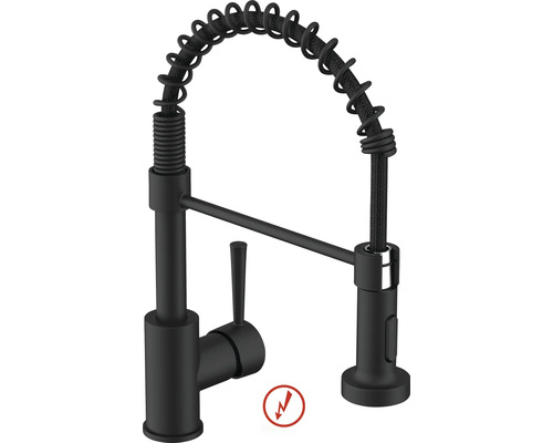 Kuchyňská baterie s flexibilní sprchou, páková baterie, černá, nízkotlaká