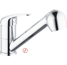 Jednopáková kuchyňská baterie s vytahovací sprchou v chromovém provedení, vhodná pro nízký tlak.