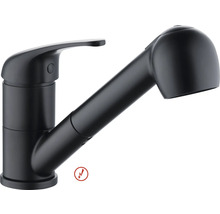 Černá matná dřezová baterie s vytahovací sprchou a pákovým ovládáním, vhodná pro nízký tlak.