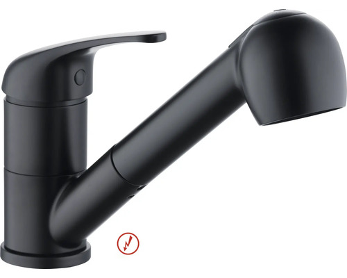 Černá matná dřezová baterie s vytahovací sprchou a pákovým ovládáním, vhodná pro nízký tlak.