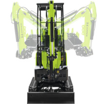 Minibagr Zipper s pásovým podvozkem a čelní radlicí, zobrazuje rozsah otáčení hydraulického výložníku v čelním pohledu.