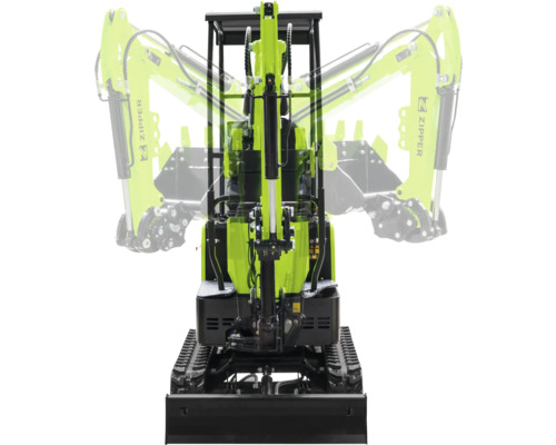 Minibagr Zipper s pásovým podvozkem a čelní radlicí, zobrazuje rozsah otáčení hydraulického výložníku v čelním pohledu.