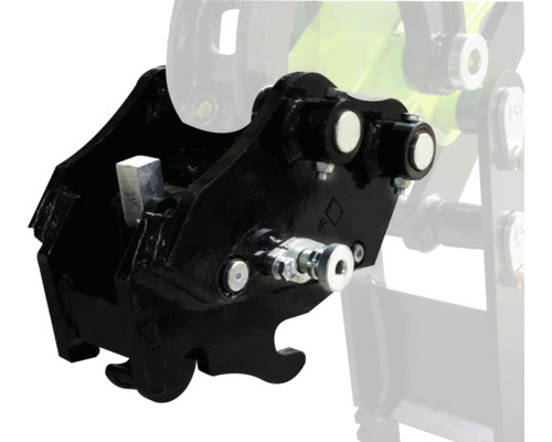 Mechanický rychloupínač pro stavební stroje z černého kovu s manuálním zajištěním.