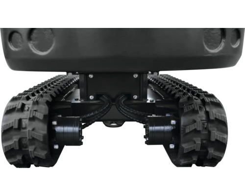 Podvozek minibagru s černými gumovými pásy a hydraulickým pohonem.
