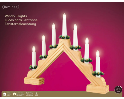 Lumineo dřevěný vánoční svícen se 7 LED svíčkami na baterie s časovačem do interiéru.