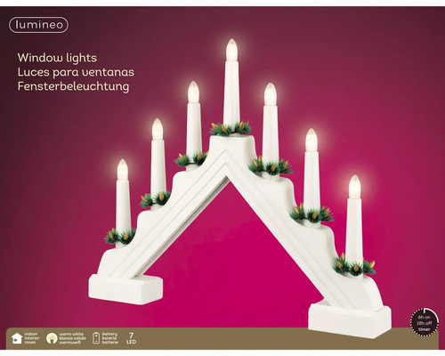 Lumineo LED svícen se 7 svíčkami, bílý, teplé bílé světlo, pro vnitřní použití, napájení na baterie a 6hodinový časovač.