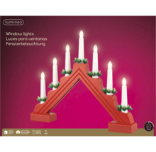 Červený LED světelný oblouk ze dřeva se 7 svíčkami, teplé bílé světlo, na baterie a časovač, pro vnitřní použití.