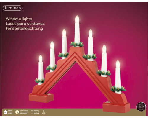 Červený LED světelný oblouk ze dřeva se 7 svíčkami, teplé bílé světlo, na baterie a časovač, pro vnitřní použití.