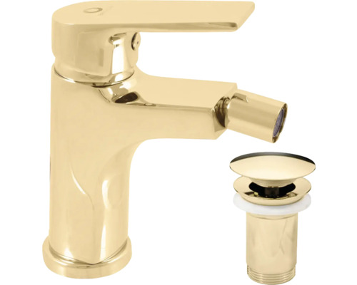 Páková bidetová baterie s nastavitelným perlátorem a odpovídající odtokovou soupravou ve zlatém provedení.