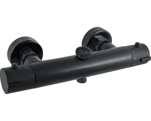 Termostatická sprchová baterie v matně černém kovu, nástěnná montáž, s pojistkou na 38 stupňů.