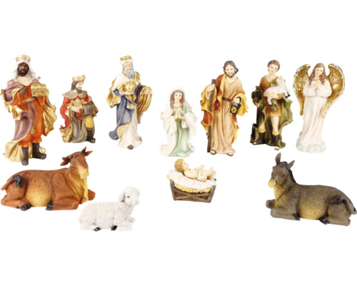Jedenáctidílná sada ručně malovaných betlémových figurek s Marií, Josefem, Ježíškem, třemi králi, pastýřem, andělem a zvířaty.