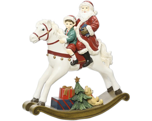 Vánoční dekorativní figurka Santa Clause a dítěte na bílém houpacím koni. Obsahuje vánoční stromek, dárky a medvídka na podstavci.