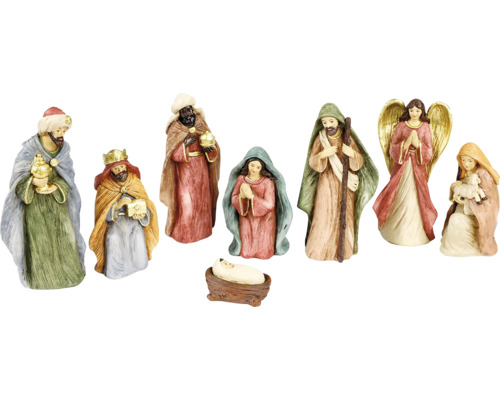 Osmidílná sada ručně malovaných betlémových figurek z polyresinu s Marií, Josefem, Ježíškem, Třemi králi, andělem a pastýřkou.