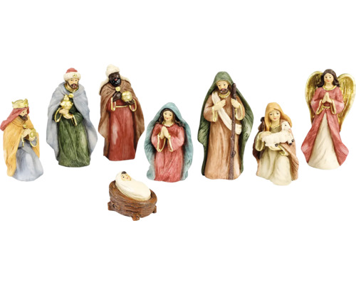8dílná sada betlémských figurek, včetně Ježíška, Marie, Josefa, tří králů, pastýře a anděla, materiál polyresin.