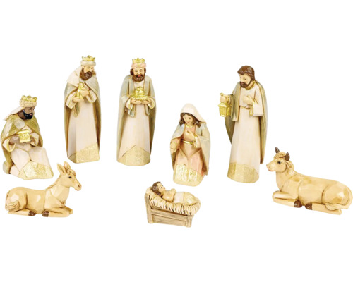 Osmidílná sada vánočních betlémových figurek s Marií, Josefem, Ježíškem v jesličkách, třemi králi, oslem a volem.
