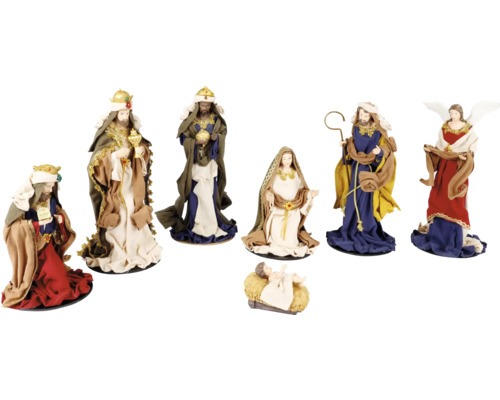 Sada vánočních figurek do betléma z pryskyřice a látky, obsahující Marii, Josefa, Ježíška, tři krále a anděla.
