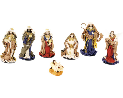 Sedmidílná sada betlémských figurek se třemi králi, Marií, Josefem, Ježíškem a andělem.