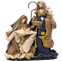 Vánoční figurka Svatá rodina s Marií, Josefem a Ježíškem z umělého kamene a textilu.