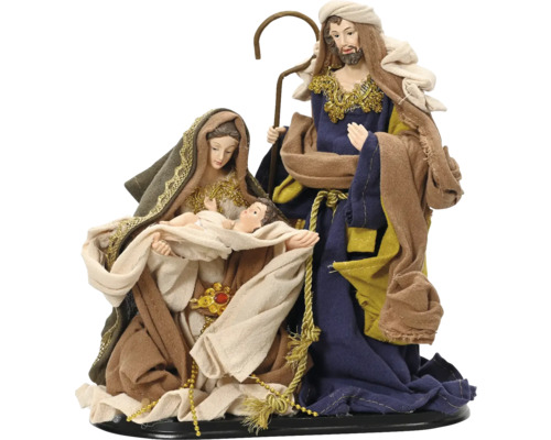 Vánoční figurka Svatá rodina s Marií, Josefem a Ježíškem z umělého kamene a textilu.