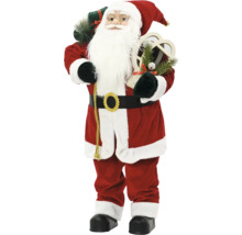 Figurka Santa Clause s bílými vousy, brýlemi, červeným sametovým kabátem, pytlem na dárky a sněžnicemi.