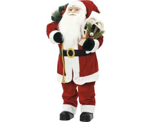 Figurka Santa Clause s bílými vousy, brýlemi, červeným sametovým kabátem, pytlem na dárky a sněžnicemi.