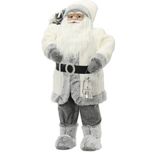 Figurka Santa Clause v bílo-šedém plyšovém kostýmu s brýlemi, pytlem a lucernou.