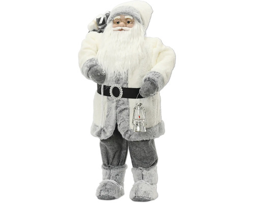 Figurka Santa Clause v bílo-šedém plyšovém kostýmu s brýlemi, pytlem a lucernou.