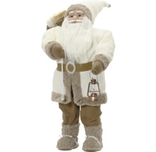 Dekorativní figurka Santa Clause v krémovém kabátu s umělou kožešinou, lucernou a pytlem dárků.