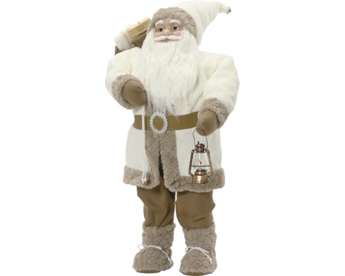 Dekorativní figurka Santa Clause v krémovém kabátu s umělou kožešinou, lucernou a pytlem dárků.