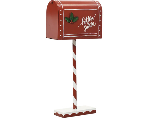 Červená vánoční poštovní schránka na pruhované tyči s nápisem Letters to Santa a ozdobou cesmíny.