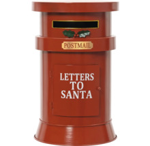 Červená vánoční poštovní schránka ve stylu sloupu s nápisem Letters to Santa a ozdobou z cesmíny.