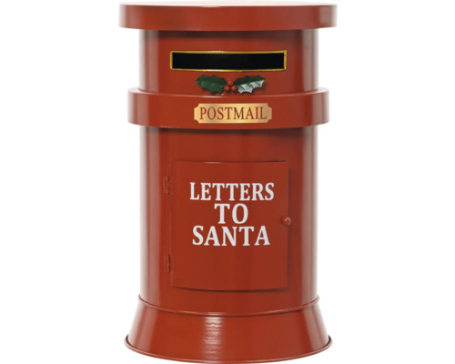 Červená vánoční poštovní schránka ve stylu sloupu s nápisem Letters to Santa a ozdobou z cesmíny.