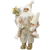 Dekorační figurka Santa Clause v růžovo-stříbrném oděvu s bílým kožešinovým lemem, drží perlový stromek a pytel s dárky.