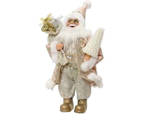 Dekorační figurka Santa Clause v růžovo-stříbrném oděvu s bílým kožešinovým lemem, drží perlový stromek a pytel s dárky.