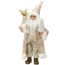 Figurka Santa Clause v vzorovaném rouchu s lemem z bílé umělé kožešiny, s bílým perlovým stromkem a pytlem s sobem.