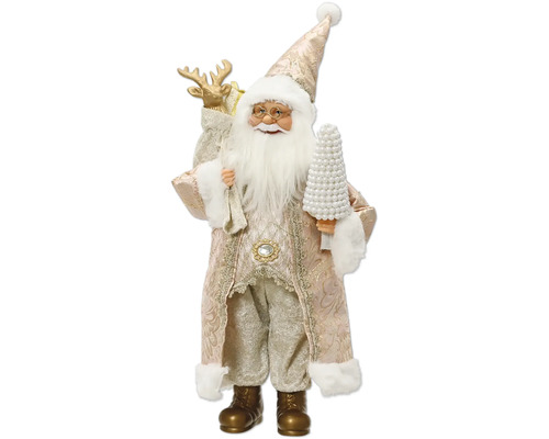 Figurka Santa Clause v vzorovaném rouchu s lemem z bílé umělé kožešiny, s bílým perlovým stromkem a pytlem s sobem.