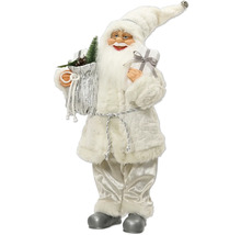 Figurka Santa Clause v bílé a stříbrné barvě s pytlem, stromečkem a dárkem, má na sobě plyšový kabát a brýle.