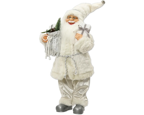 Figurka Santa Clause v bílé a stříbrné barvě s pytlem, stromečkem a dárkem, má na sobě plyšový kabát a brýle.
