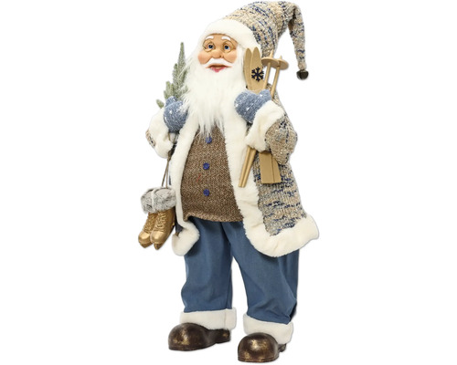 Dekorativní figurka Santa Clause s lyžemi, bruslemi a jedlovou větví, v oblečení z textilu a umělé kožešiny.
