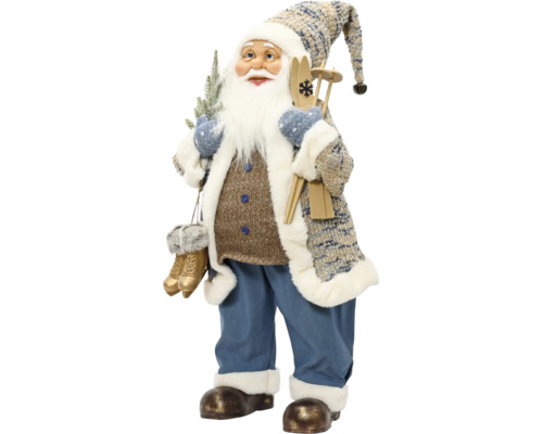 Dekorační figurka Santa Clause v zimním kabátě s kožešinovým lemem, dřevěnými lyžemi a bruslemi.