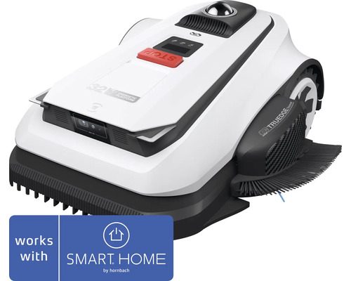 Robotická sekačka s vyžínačem okrajů a kamerovým senzorem, SMART HOME by hornbach Logo.