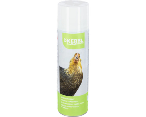 Sprej s křemelinou Kerbl Hobbyfarming pro drůbež v rozprašovači s vyobrazením slepice a Kerbl Logo.