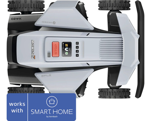 Robotická sekačka Segway Navimow shora s displejem a tlačítkem stop, kompatibilní se SMART HOME by hornbach.