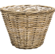 Kulatý proutěný koš na rostliny v hnědé barvě s vnitřní plastovou fólií.