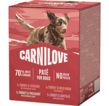 Carnilove krmivo pro psy multipack paté bez obilovin 4 kusy se 70 procenty masa a vnitřností různé druhy.