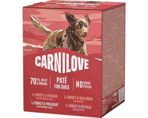 Carnilove krmivo pro psy multipack paté bez obilovin 4 kusy se 70 procenty masa a vnitřností různé druhy.