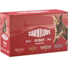 Carnilove multipack mokré krmivo pro dospělé kočky, filety v omáčce, 12 kapsiček s krůtou, kachnou, bažantem a pstruhem, bez obilovin.